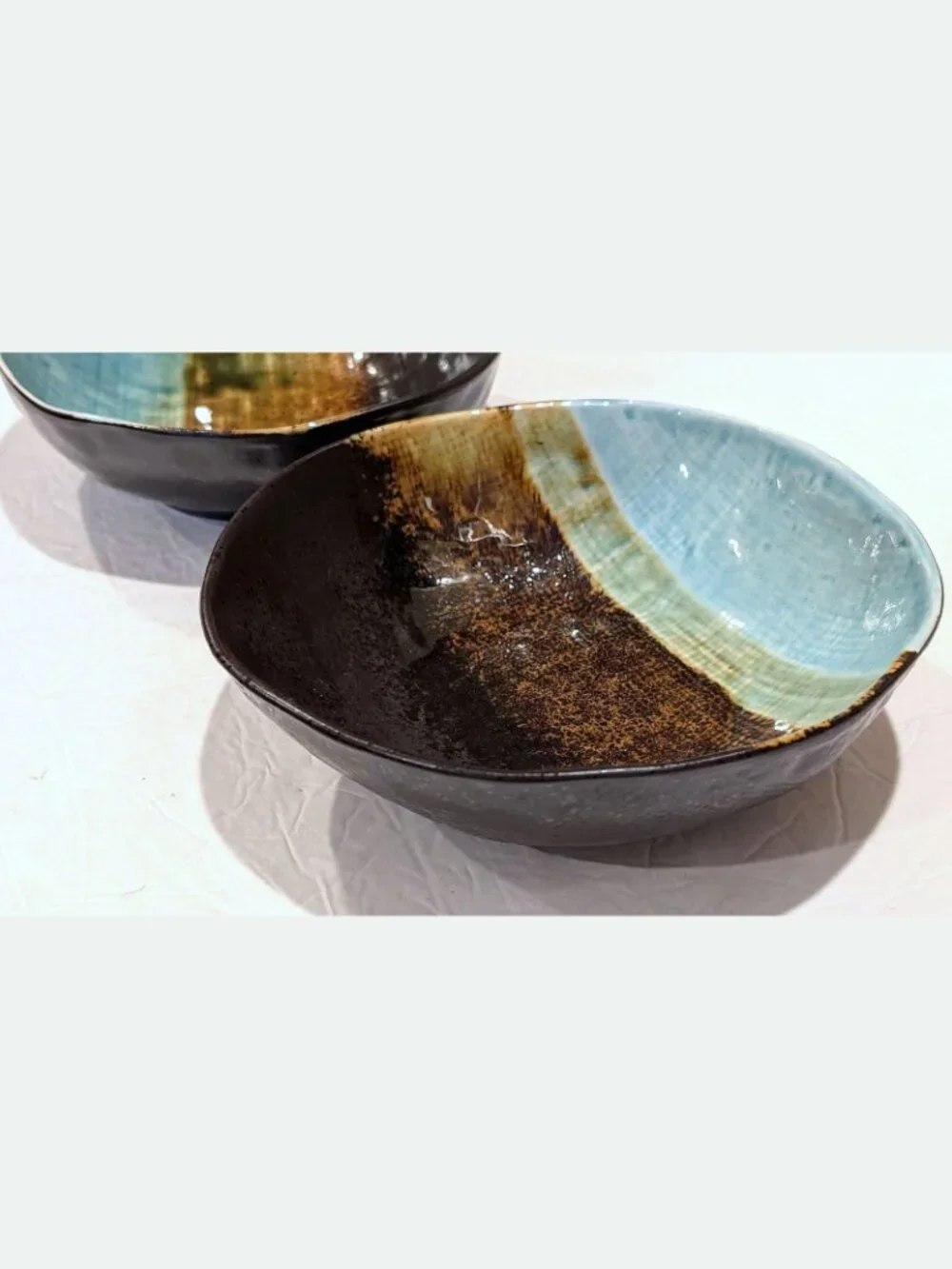 RARE Pier 1 Cassidy Set of 2 Bowls Asymmetrical Blue Brown Soup Salad Pasta